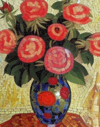 A mosaic of roses in the vase inspired by Mikhail Vrubel