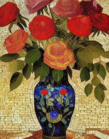 A mosaic painting of roses in a vase inspired by Mikhail Vrubel