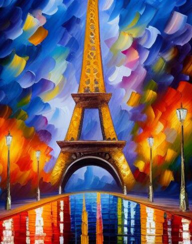 A painting of a Eiffel tower at night