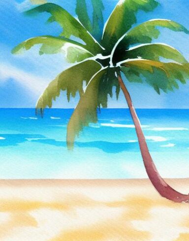 A painting of a beach with one palm tree