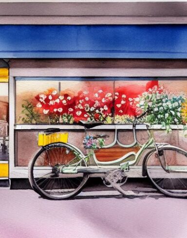 A painting of a bicycle parking in front of a flower shop