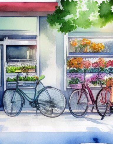 A painting of a bicycle parking near a flower shop
