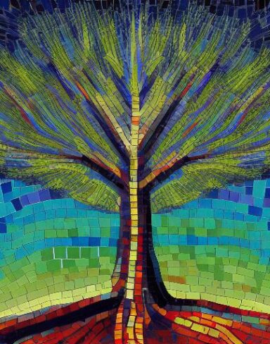 A painting of a big tree with a bright sky in the background