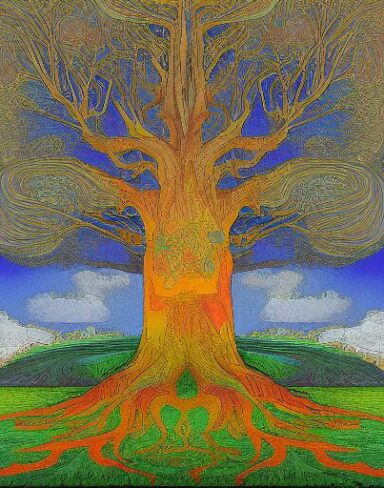 A painting of a big tree with a sky in the background