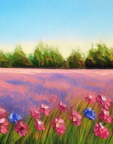 A painting of a bunch of blue and pink flowers in a field