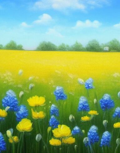 A painting of a bunch of blue and yellow flowers in a field