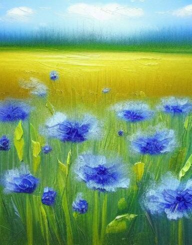 A painting of a bunch of blue flowers in a field