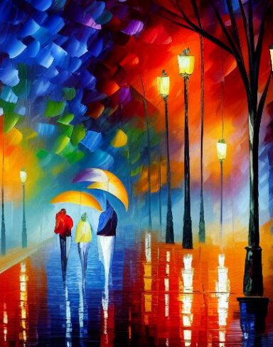 A painting of a city street and a pair of couple at night