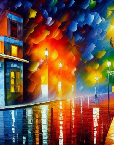 A painting of a city street with shops at night