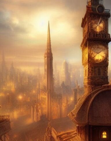 A painting of a city with a clock tower