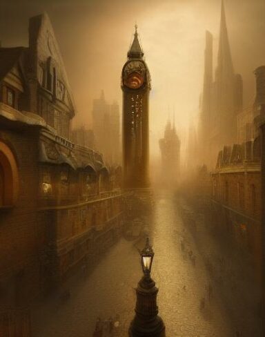 A painting of a city with a clock tower