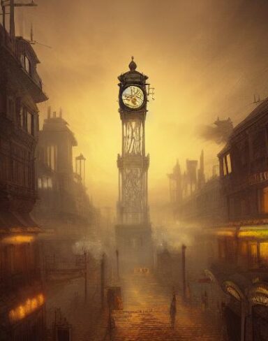 A painting of a city with a clock tower