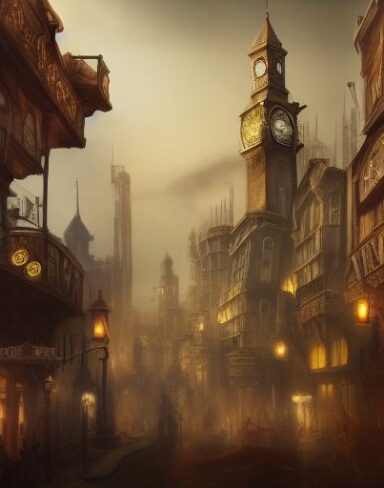 A painting of a city with a clock tower