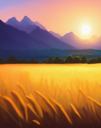 A painting of a corn field with mountains in the sunset background