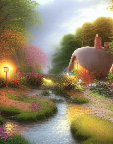 A painting of a cottage by a river