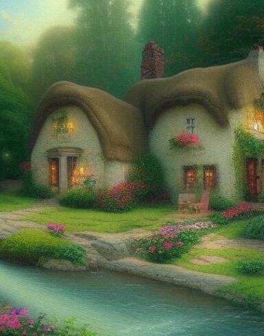 A painting of a cottage by a river with greenery