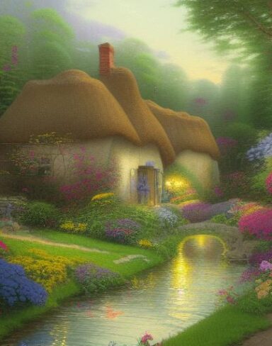 A painting of a cottage near a river with many flowers