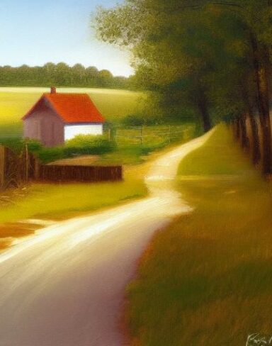 A painting of a country road with a house nearby