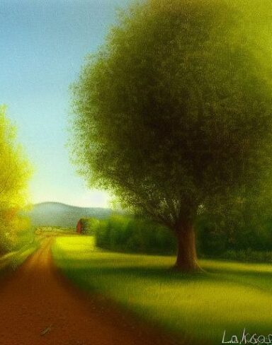 A painting of a country road with an apple tree