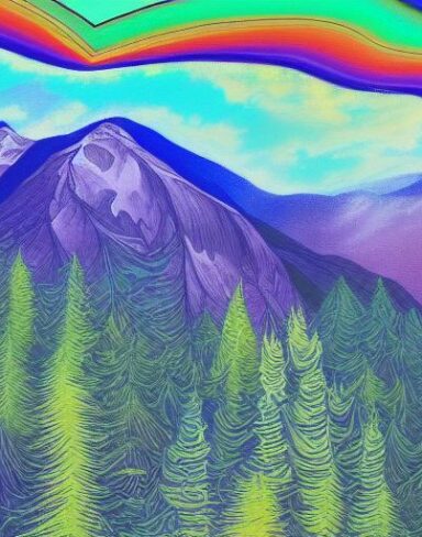 A painting of a forest and mountain