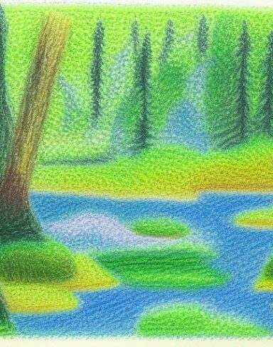 A painting of a forest and river