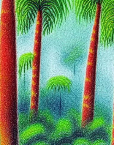 A painting of a forest with palm trees
