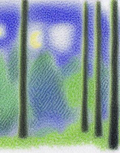 A painting of a forest with palm trees