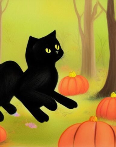 A painting of a giant black cat chasing a butterfly in the autumn forest