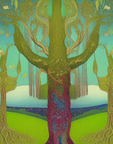 A painting of a green tree with a sky in the background