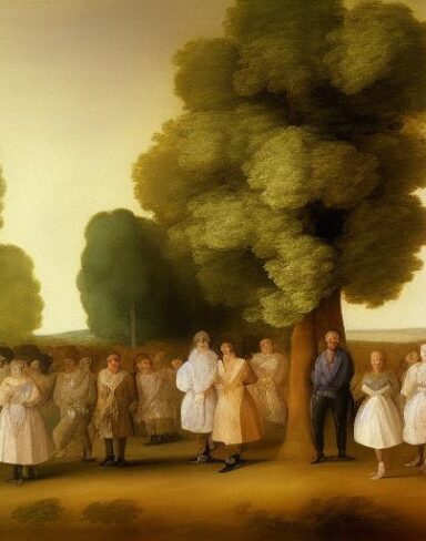 A painting of a group of people in a field with trees by Francisco de Holanda