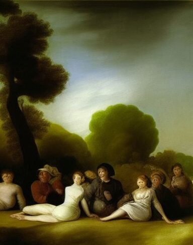 A painting of a group of people resting in a field with trees by Francisco de Holanda