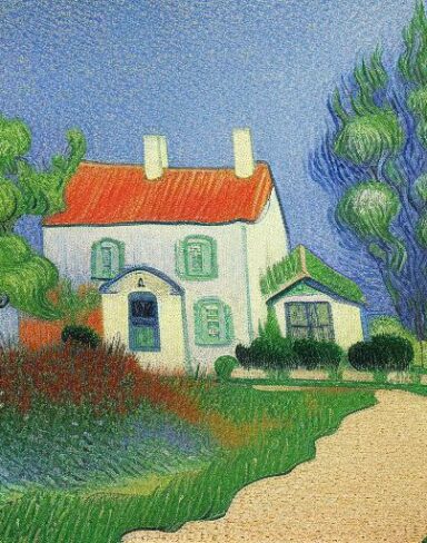 A painting of a house in a garden