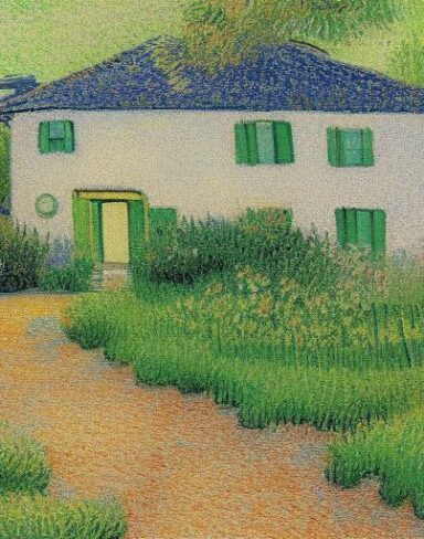 A painting of a house in garden