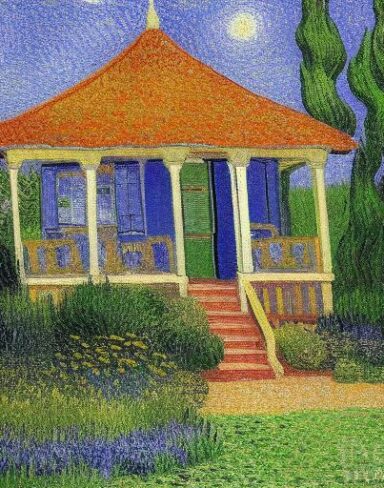 A painting of a house in garden