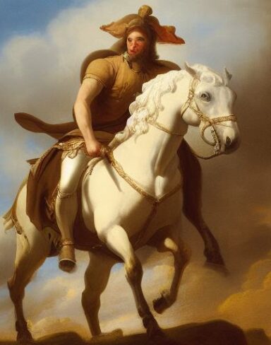 A painting of a man riding on the back of a horse