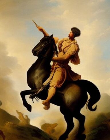 A painting of a man riding on the back of a horse in a war