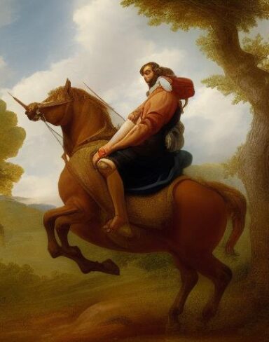 A painting of a man riding on the back of a horse with trees