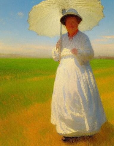 A painting of a old lady in a field