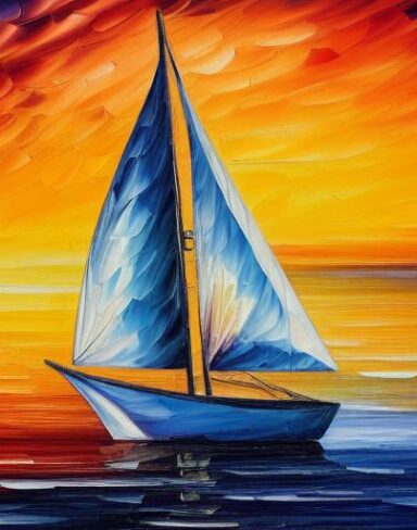 A painting of a sailboat at sunset with the sea