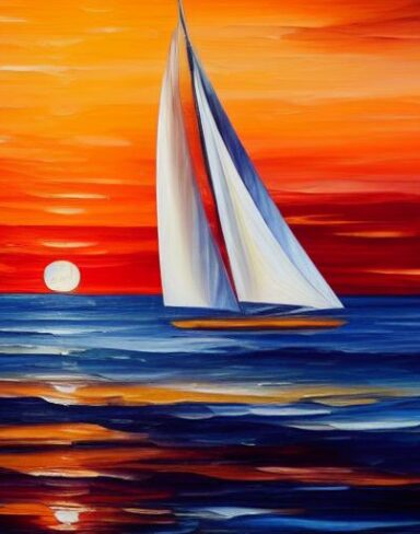 A painting of a sailboat with orange sunset in the middle of the sea