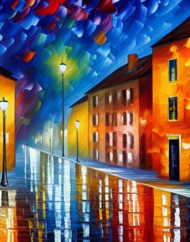 A painting of a street with building at night