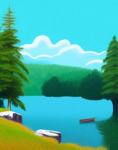 A painting of a tree in the middle of a lake