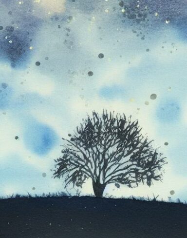 A painting of a tree shadow in the night sky