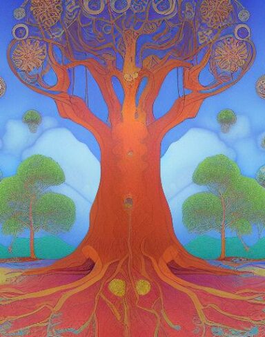 A painting of a tree with a blue sky in the background