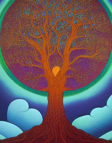 A painting of a tree with a cloudy sky in the background