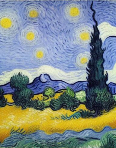 A painting of a wheatfield with cypress trees