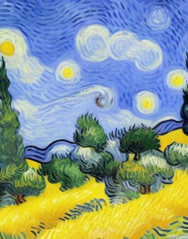 A painting of a wheatfield with cypress trees