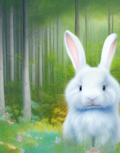 A painting of a white rabbit sitting in the middle of a forest in a serene moment
