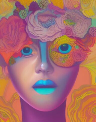 A painting of a woman and flowers