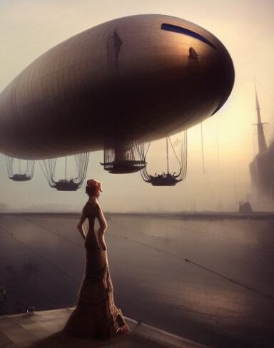A painting of a woman standing in front of a airship